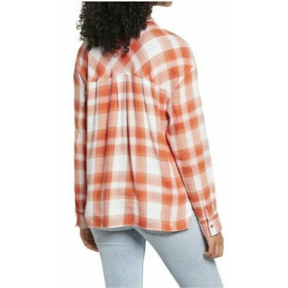 BP Women's High/Low Plaid Button Up Shirt Rust Ivory Bill Plaid Small MSRP $39 - Picture 2 of 6